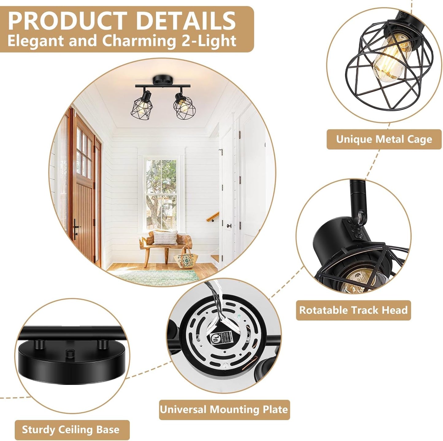 Adjustable 4-Light Semi Flush Mount Ceiling Light with Metal Cage - Farmhouse Style for Dining & Living Rooms