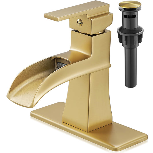 HOIGY Brass Waterfall Faucet, Brushed Gold Bathroom Faucet, Single Handle for One Hole or 3 Holes 4 Inch with Pop-Up Drain, Pre-Installed Supply Hoses and Deck Plate for Vanity RV Farmhouse Modern