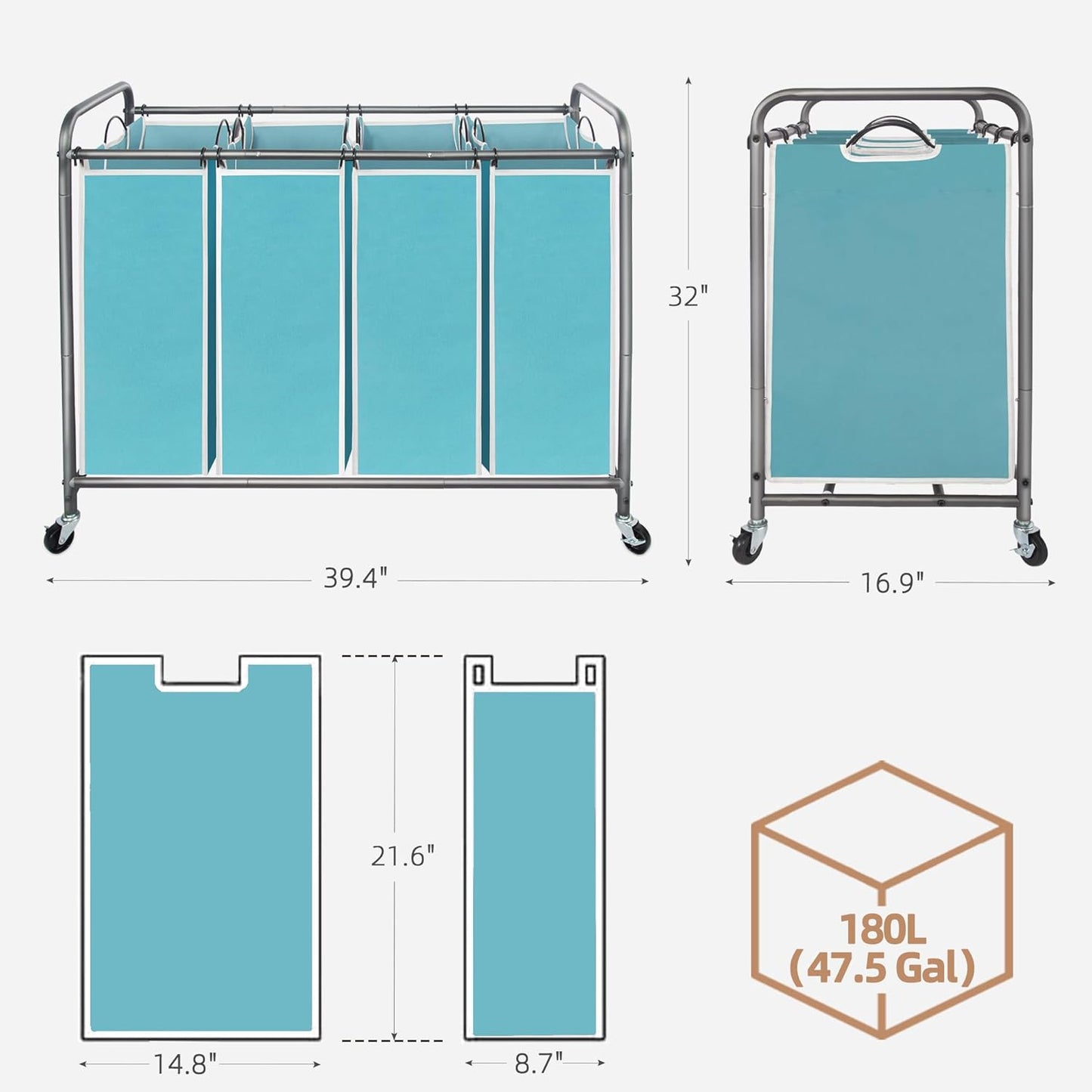 Storage Maniac Laundry Sorter - 4-Section Hamper with Wheels & Removable Bags - 47.8 Gal, Blue