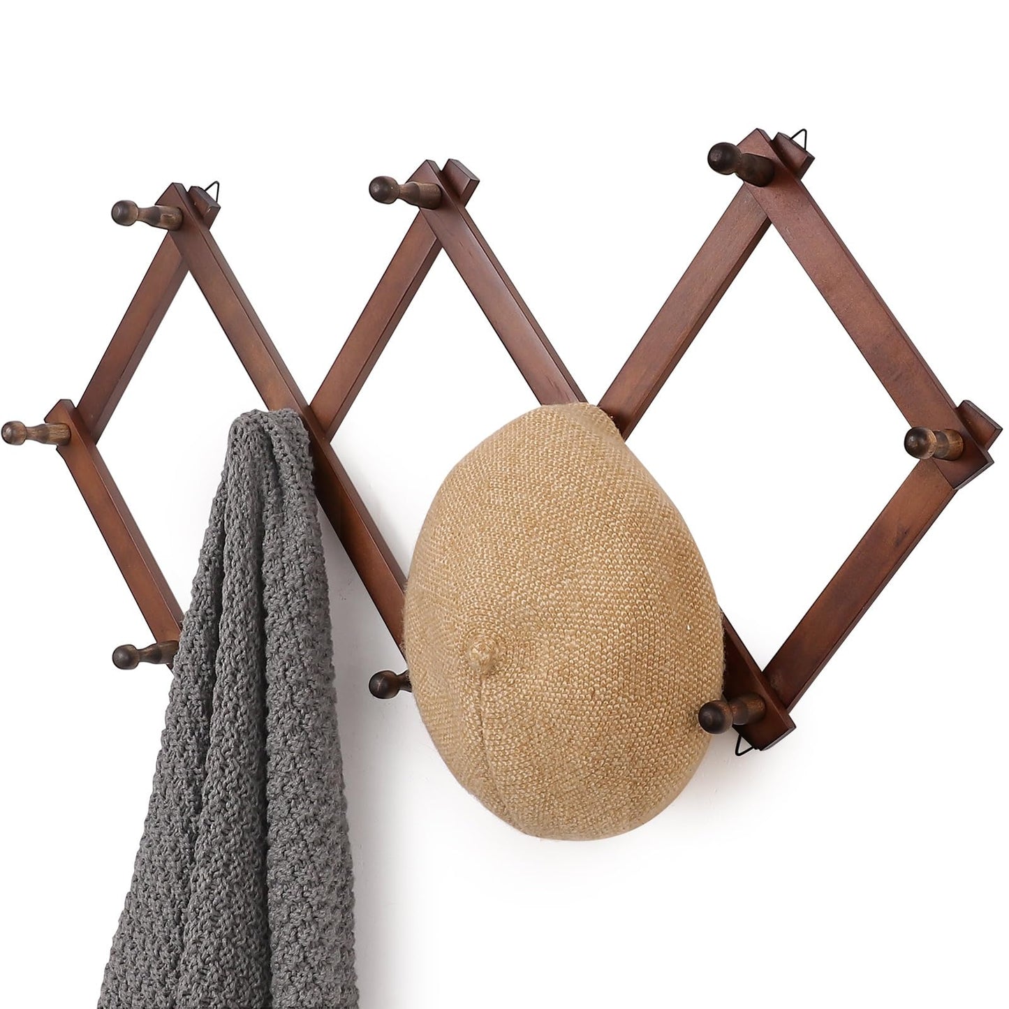 SCUNDA Wall Rack with 10 Hooks, Wooden Wall Expandable Coat Rack for Coat, Hats, Baseball Caps, Coffee Mug, Jewelry(Brown)