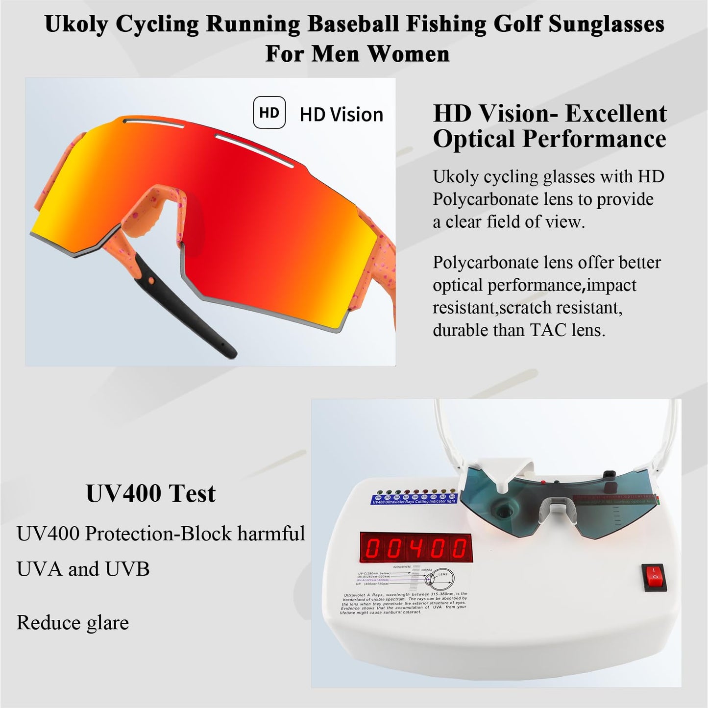 Ukoly Cycling Sunglasses for Men Women with Interchangeable nosepad, Polarized Sports Sunglasses, Baseball Sun glasses 550A LO