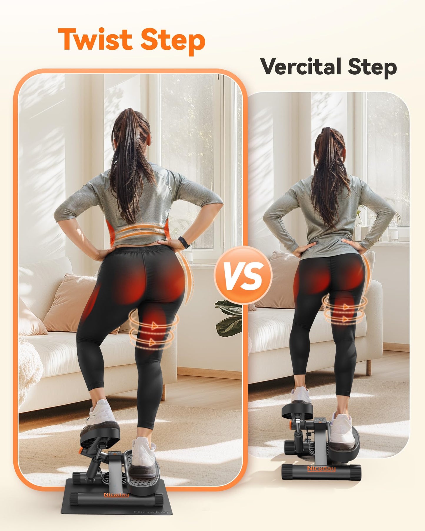 Niceday Twist Stepper for Exercise at Home, Mini Stair Stepper with Resistance Bands at Home Workout Equipment with 300LBS Loading Capacity, Hydraulic Fitness Stepper with LCD Monitor Gray with Mat