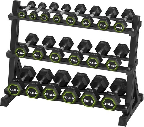 HANDBODE Hex Dumbbell Set - 300-840 lb Rubber Coated Weights with Heavy Duty Rack | Home Gym Strength Training Equipment