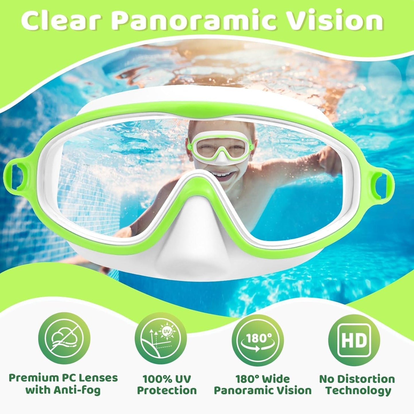 Vvinca Kids Swim Goggles - Anti-Fog Diving Mask with Nose Cover | Wide View, UV Protection for Ages 3-5