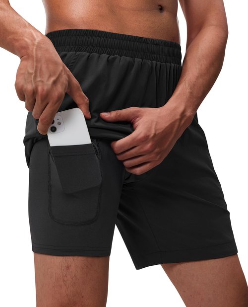 FOGFIRE Running Shorts for Men 2 in 1 Linner Quick Dry Athletic Gym Workout Tennis Shorts with Phone Pockets-Black M