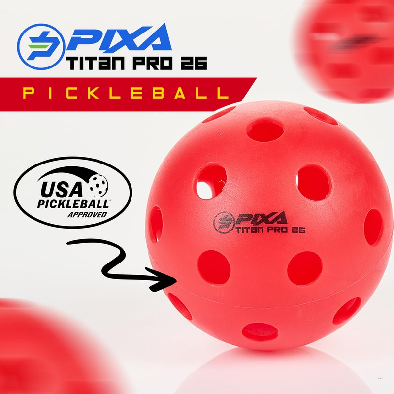 PIXA Titan Pro 26 Injection Molded Indoor Pickleball - USAPA Approved, Tournament Play, Durable Indoor Pickleballs, Consistent Bounce, Smooth Flight, Ideal for Competitive Play- Bright Red, Pack of 6