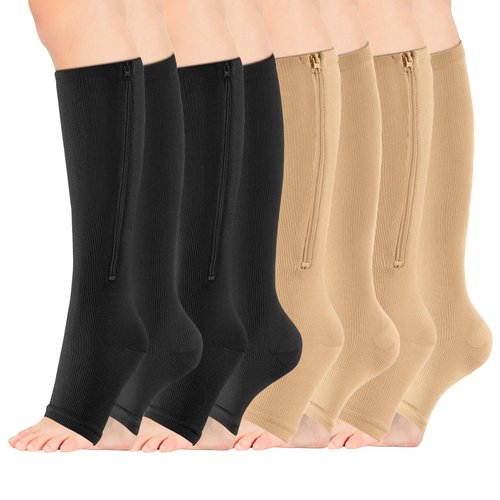 4 Pairs Zipper Compression Socks Women & Men, Toeless Compression Socks, 15-20mmhg Knee High, Anti-Pinch Zipper for Varicose Veins, Elderly, Pregnancy, Nurses, Travel(Large-X-Large)