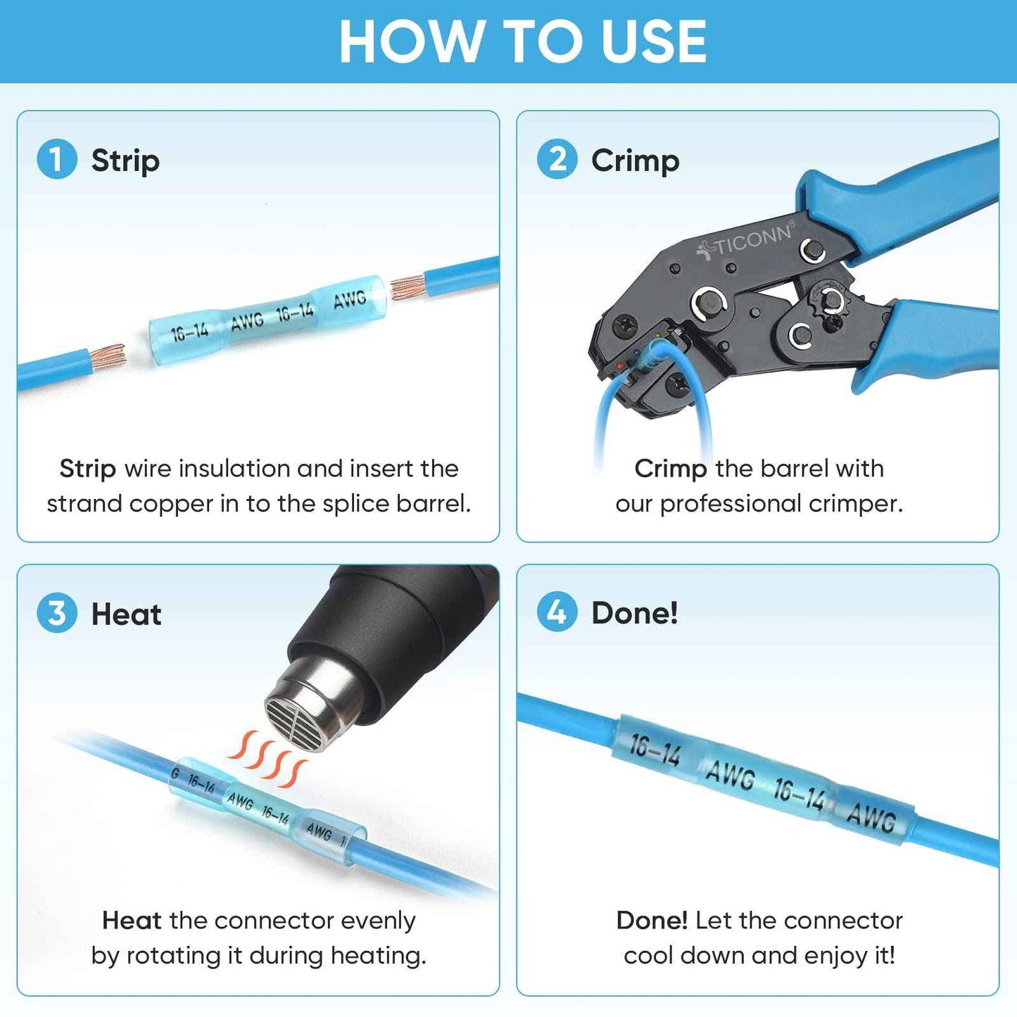 TICONN 360pcs Heat Shrink Butt Connectors Kit, AWG 24 – 10 4 Sizes Butt Splice, Insulated Waterproof Electrical Marine Automotive Wire Crimp Terminals (360pcs)