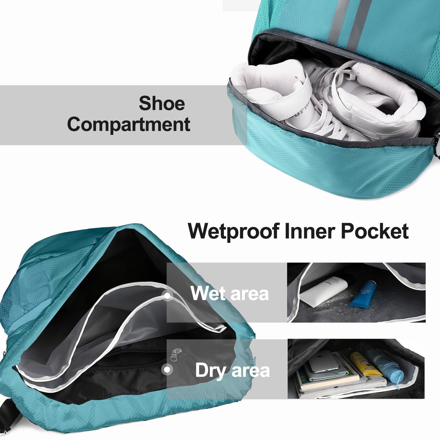 Hoedia Sports Drawstring Backpack - String Swim Gym Bag with Shoes Compartment and Wet Proof Pocket for Women/Men (Teal)