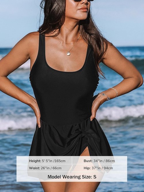 CUPSHE One Piece Swimsuit - Scoop Neck Swimdress with Wide Straps & Tie Knot Skirt