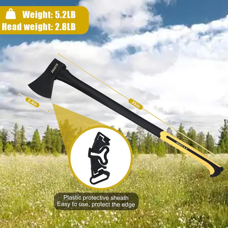 ZEUSTR 36” Long Camping Axe, Forged Steel Blade with Shock-Absorbing Handle, Outdoor Hatchet for Camping&Kitchen, Wood Chopping and Kindling