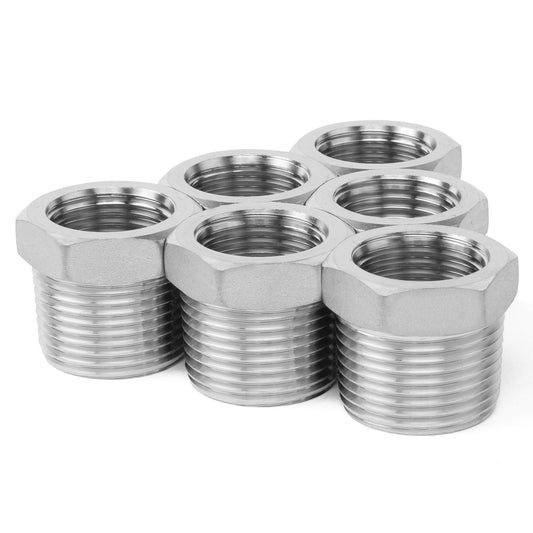 ChillWaves 304 Stainless Steel Pipe Fitting, Reducer Hex Bushing 3/8" NPT Male x 1/4" NPT Female Thread Adapter(6-PACK)
