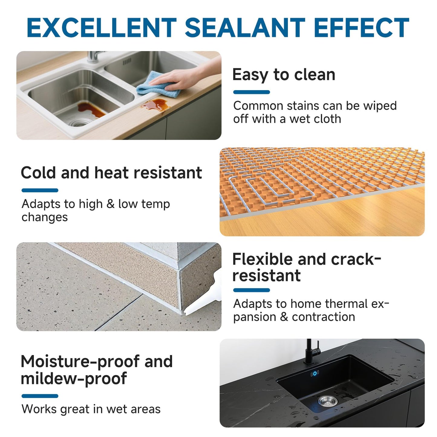 CARPOLY Silicone Caulk for Kitchen & Bathroom, Waterproof White Caulk for Sink, Toilets, Windows, Doors, Strong Adhesion, Shrink & Crack Proof,Long-Lasting(White, 5.29oz)