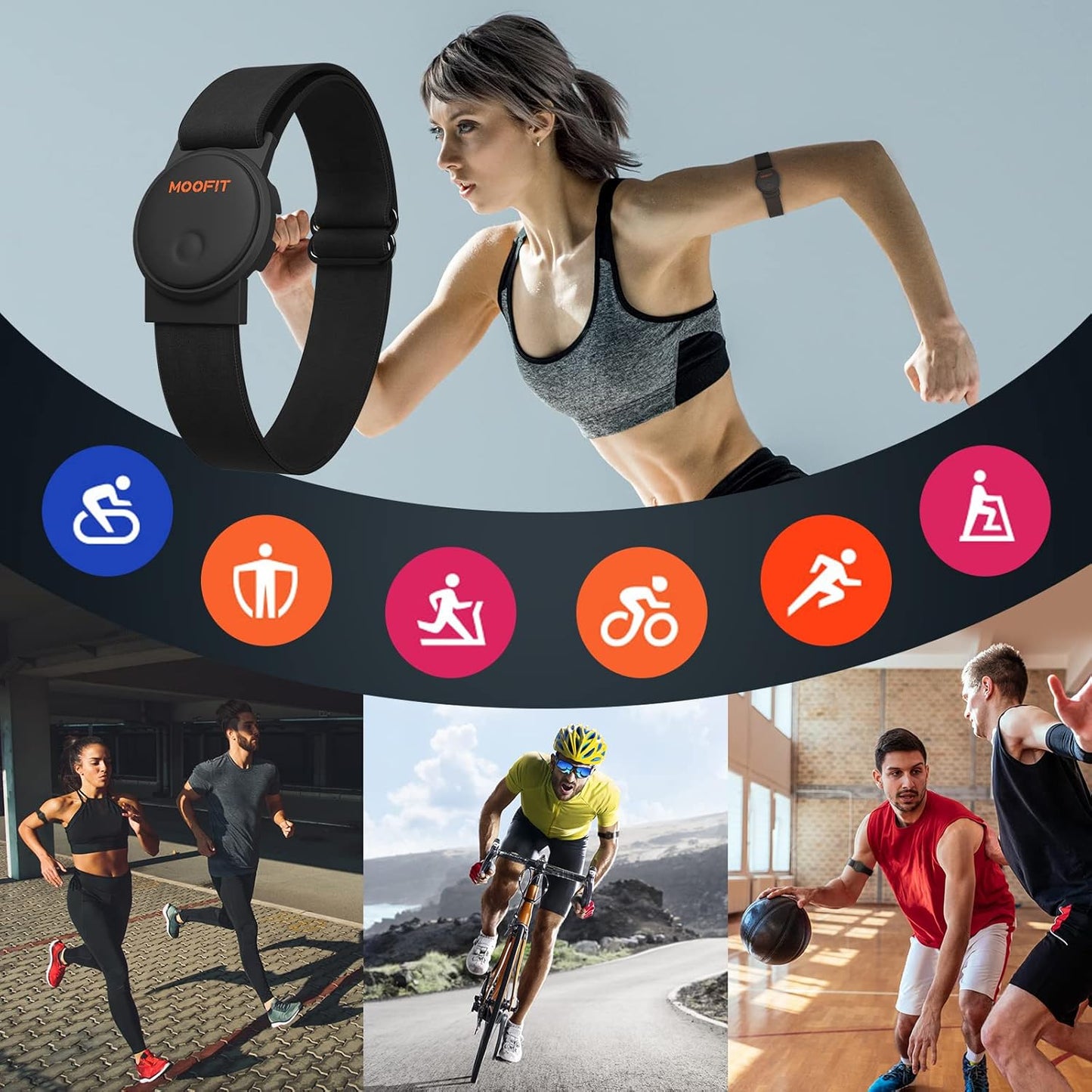 Moofit HW401 Heart Rate Monitor Armband - IP67 Waterproof, Bluetooth/ANT+ Compatible, Rechargeable Sensor