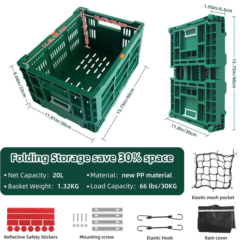 Bike Basket Rear, Foldable 35L Large Capacity Rear Bike Basket, and Durable Bicycle Foldable Rear Basket, Waterproof Cover for Shopping,Outings,Pets E-Bike Accessories (Green)