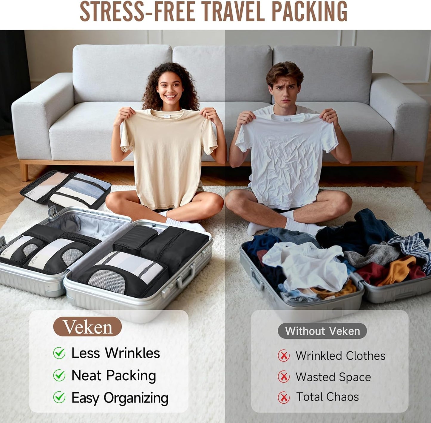 Veken Packing Cubes - Travel Organizer Bags Set with Laundry Bag & Passport Holder | 4 Sizes for Carry-On Luggage