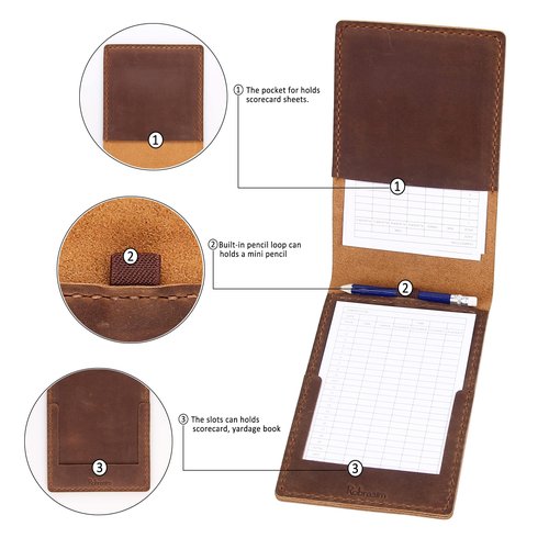 Robrasim Handmade Leather Yardage Book Cover, Leather Golf Scorecard Holder - Brown