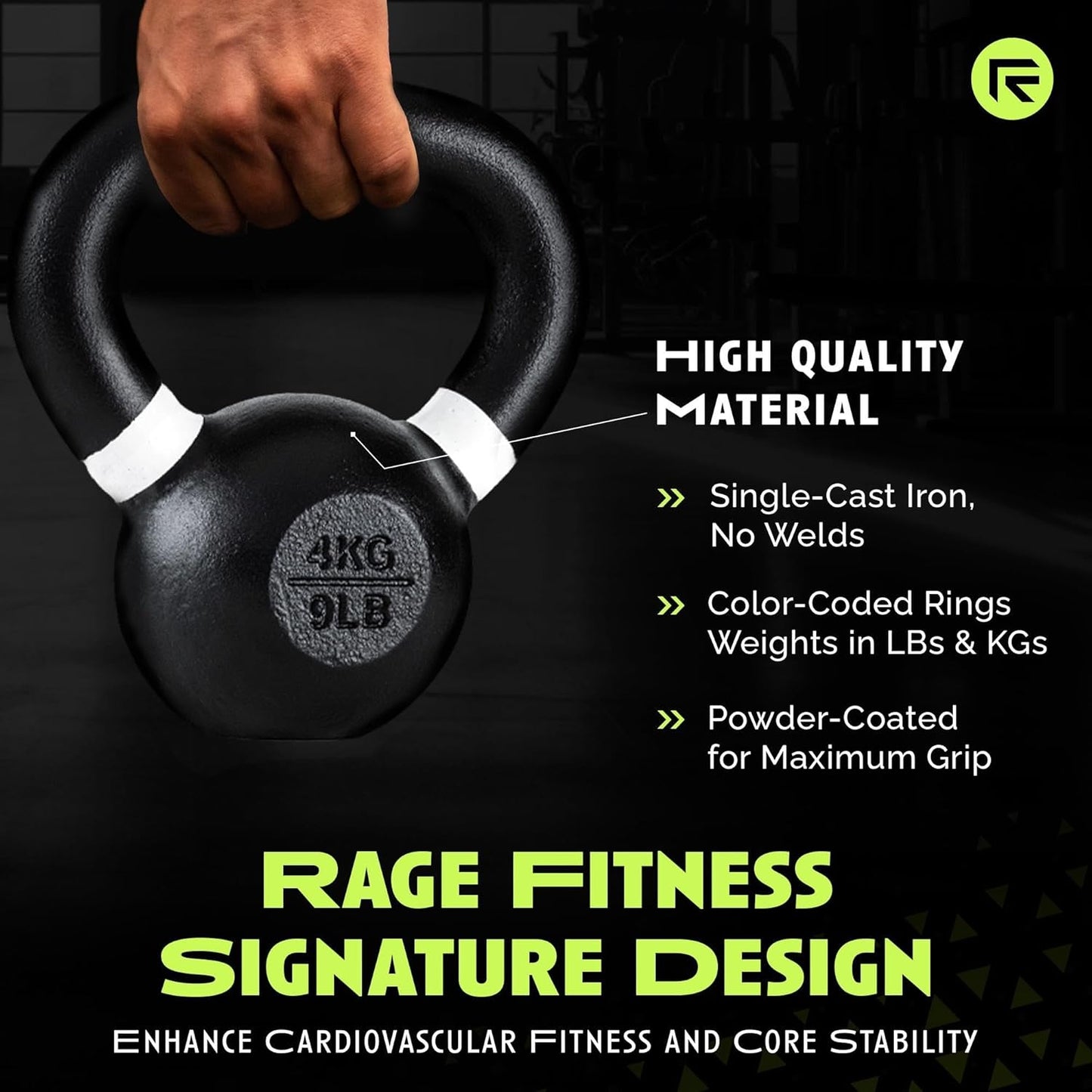 Rage Fitness Cast Iron Kettlebell - Powder Coated, Wide Handle for Core & Glute Workouts | Strength & Endurance