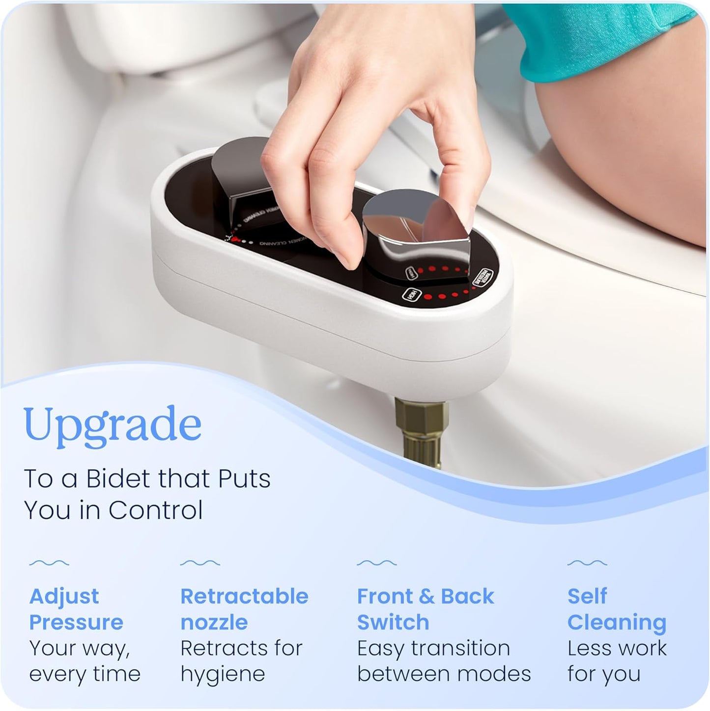 Non-Electric CLEAR REAR Bidet Attachment for Toilet - Self-Cleaning Dual Nozzle, Adjustable Pressure, White