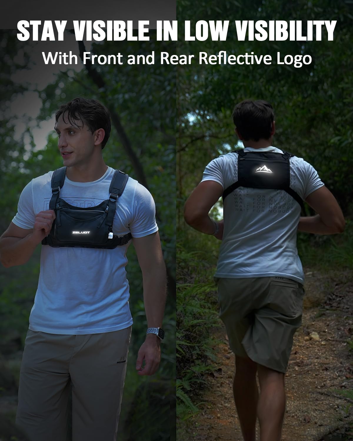 Zelvot Running Vest with 350ml Soft Flask, Lightweight Adjustable Chest Pack with 4 Pockets, Reflective Chest Bag for Women Men for Trail Running, Hiking, Cycling, Marathon (Black, M/L)