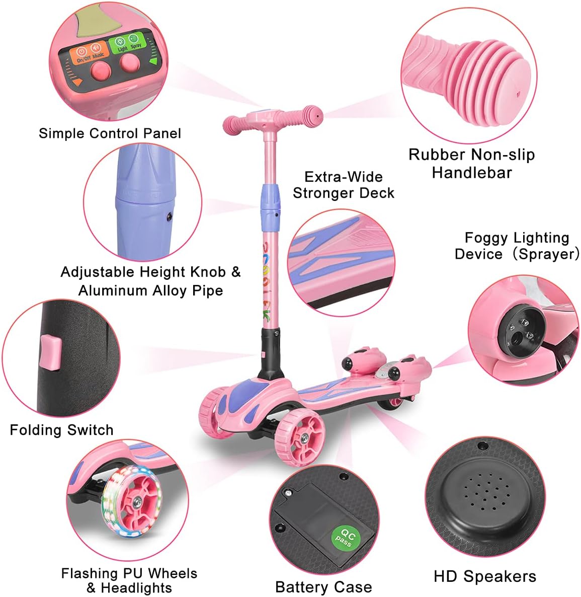 Skiennix 3-Wheel Kids Scooter - Bluetooth Music Speaker & LED Lights | Foldable Aluminum Alloy T-Bar for Ages 3-10