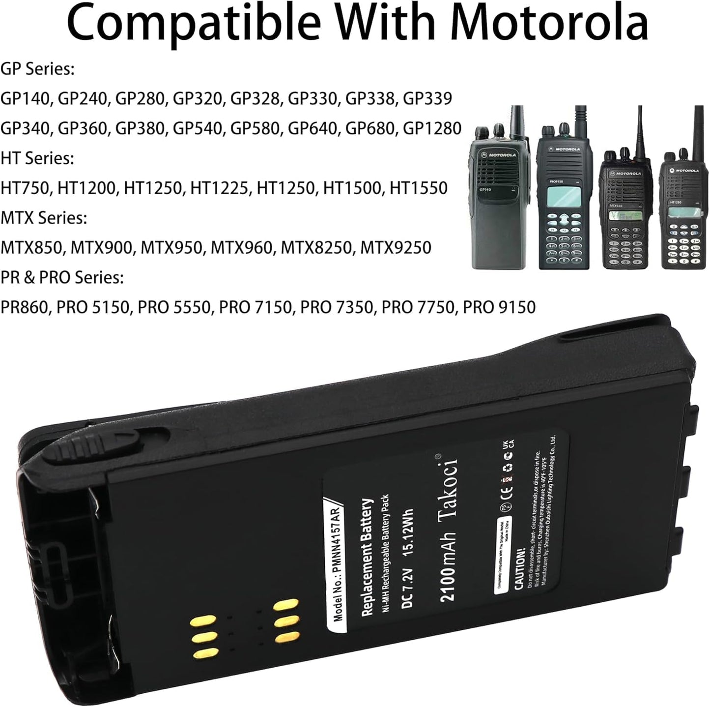 TAKOCI Replacement 2600mAh Battery for Mo'to'rola HT750 HT1250 HT1225 GP320 GP328 GP338 GP328 PR860, fits Part No HNN9008A HNN9008 HNN9009 HNN9009A HNN9013A, 7.4V