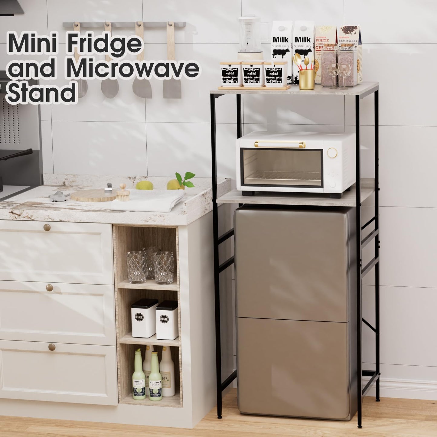 QieerHior Mini Fridge Shelf Mini Fridge and Microwave Stand Over Mini Fridge Storage Rack Height Adjustable Microwave and Fridge Stand Suitable for Dorm, Kitchens, Offices, Modern Gray