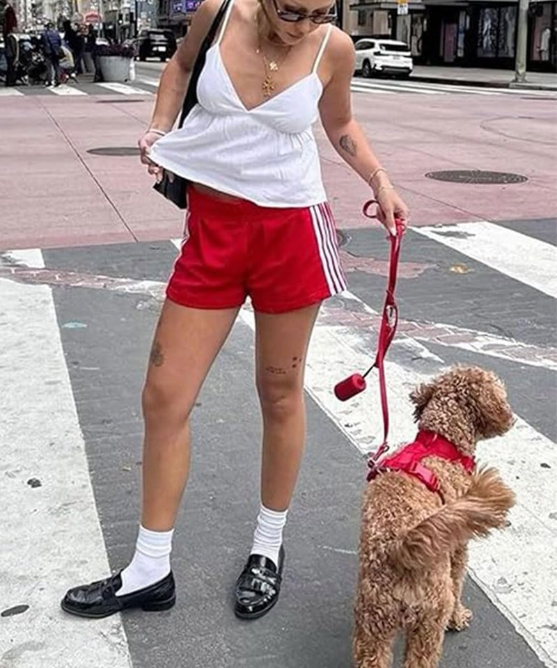 ABINGOO Women Athletic Sweat Shorts Side-Striped Y2k Summer Elastic Waist Workout Loose Wide Leg Lounge Shorts with Pockets(Red,M)