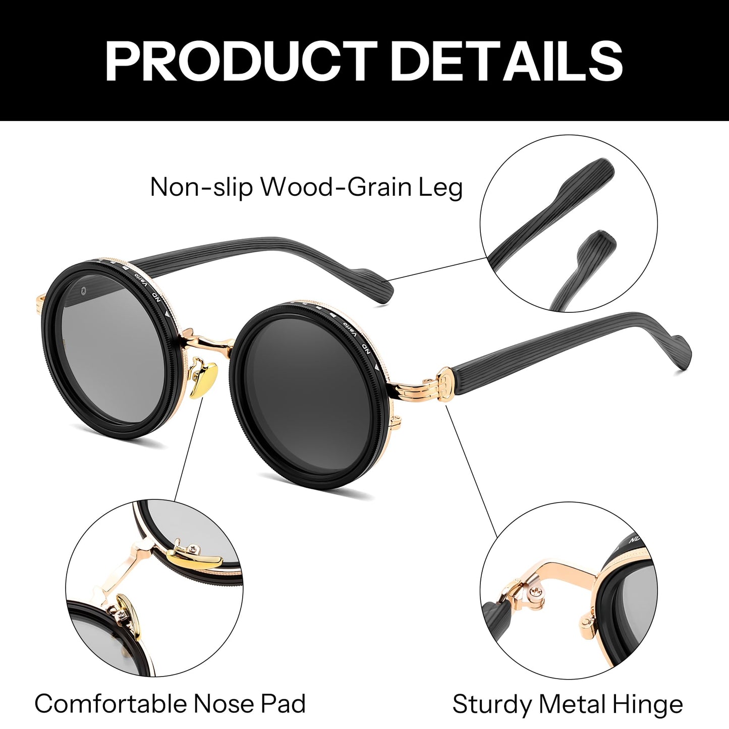 FEISEDY Adjustable Tint Polarized Sunglasses, Wood-Grain Temples, 1-9 Gear Manual Dimming, Steampunk Round ND Filter TAC Lenses UV400 B0380