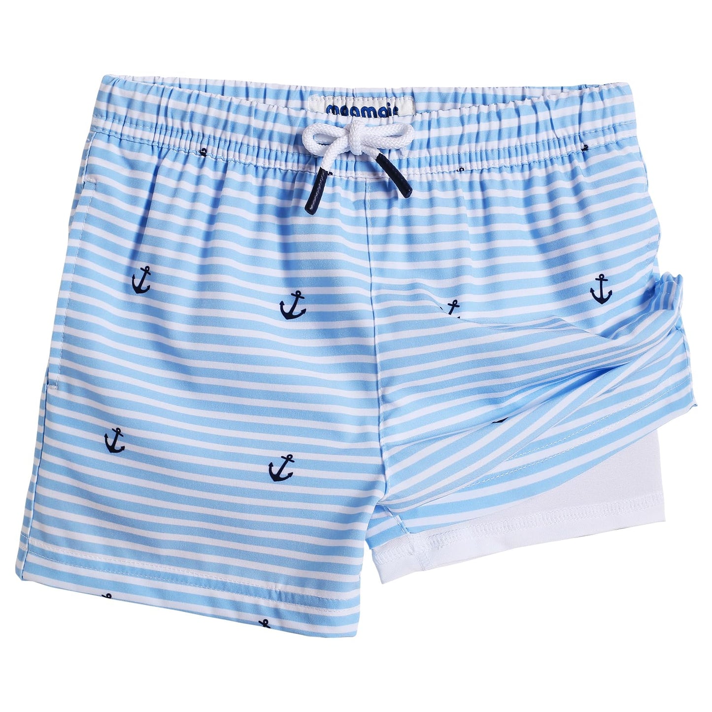 maamgic Boys Swim Trunks with Compression Liner Toddler Stretch Swim Shorts Quick Dry Swimming Trunks Boxer Brief 2 in 1 Beach Shorts White Blue Striped 10/12