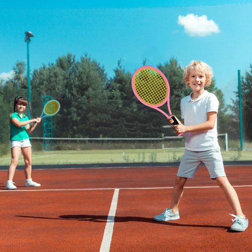 JHuiLap Kids Tennis Racket 17 Inch Lightweight for Junior Toddlers - Includes 2 Tennis Balls, 2 Sponge Balls, 4 Shuttlecocks & Carry Bag (Blue & Pink)