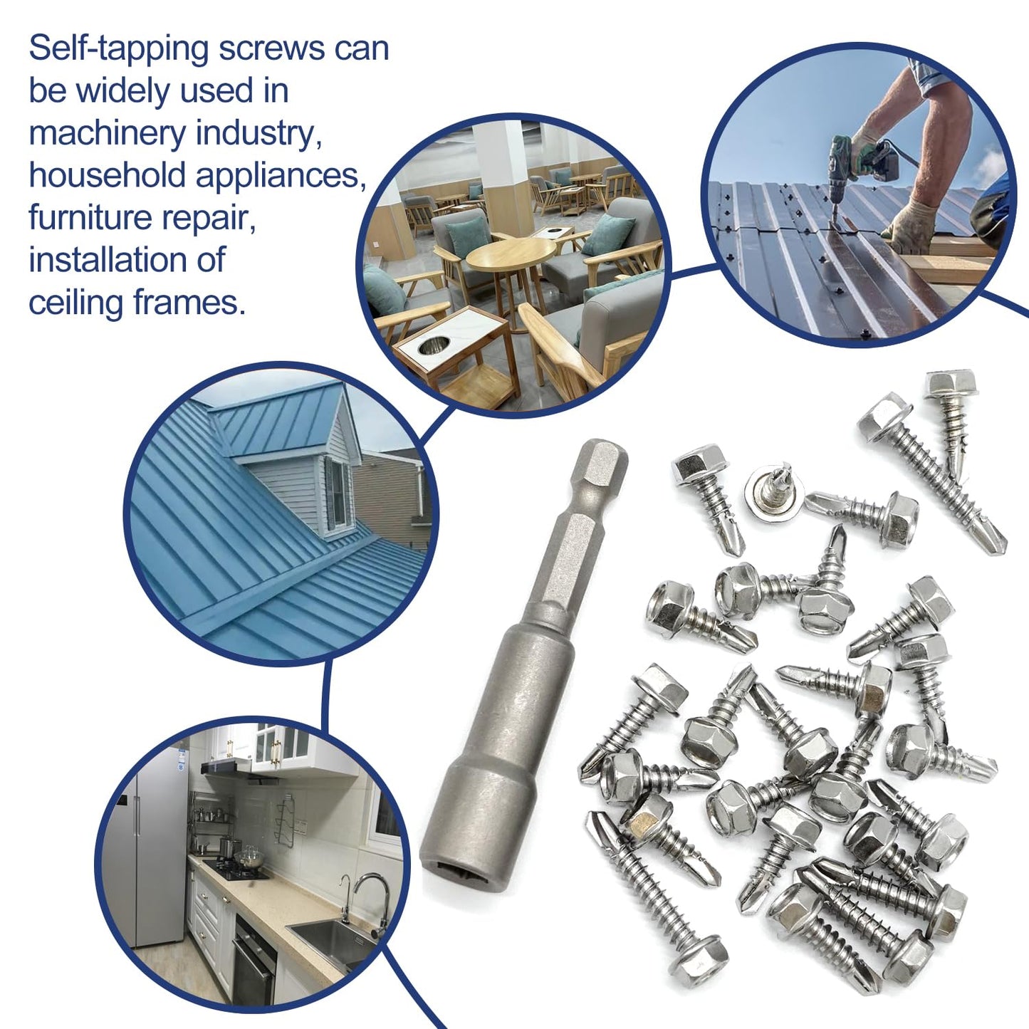 110PCS #8 Sheet Metal Screws 410 Stainless Steel Hex Washer Head Fast Self Tapping Drilling Screws with Screwdriver Bit Silver