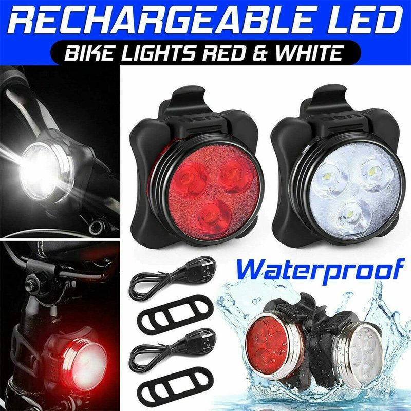 USB Rechargeable Bicycle LED Headlight and LED Tail Light Sets (4 Light Set)
