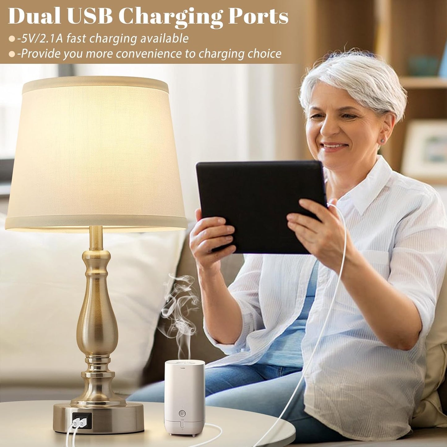 Touch Bedside Table Lamps Set of 2 with USB C+A Ports - 3-Way Dimmable Linen Shade