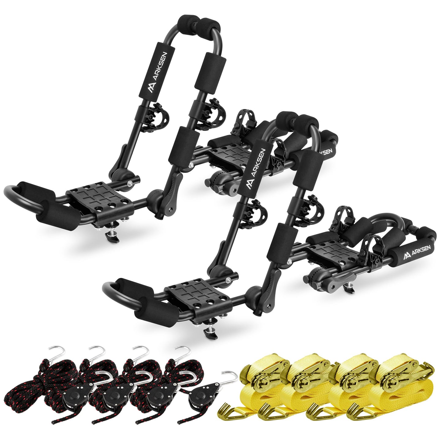 ARKSEN 2 Pair Universal Folding Kayak Roof Rack Heavy Duty Adjustable J-Bar Kayak and Canoe Carrier with 4 Lashing Straps, 4 Stern Tie Down Straps for Cars, SUVs, and Trucks
