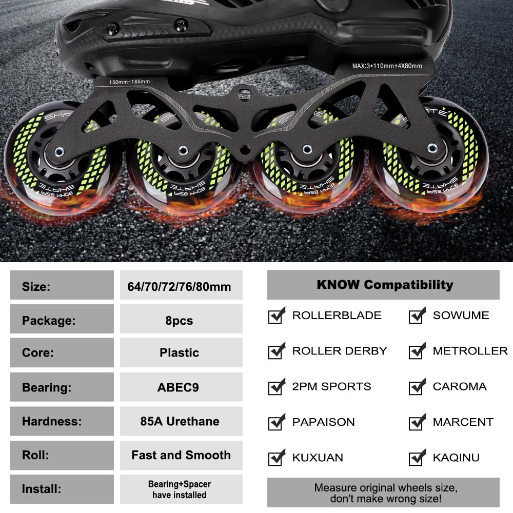 8 Pack Inline Skate Wheels 72mm, 76mm, 80mm - ABEC9 Bearing - 85A Durometer PU - Compatible with Rollerblade, Roller Derby, K2 Skate (Black/76MM)