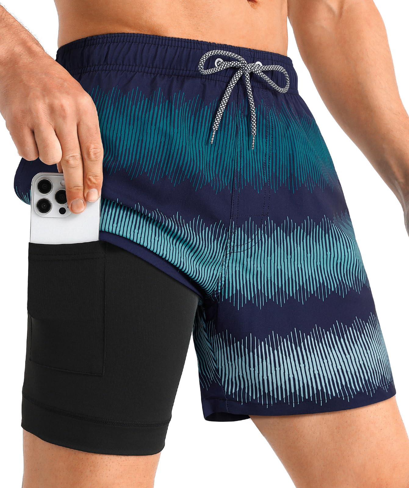 iCKER Mens Swim Trunks with Compression Liner 5.5" Inseam Quick Dry Swim Shorts Bathing Suit Beach shorts-K460-Large