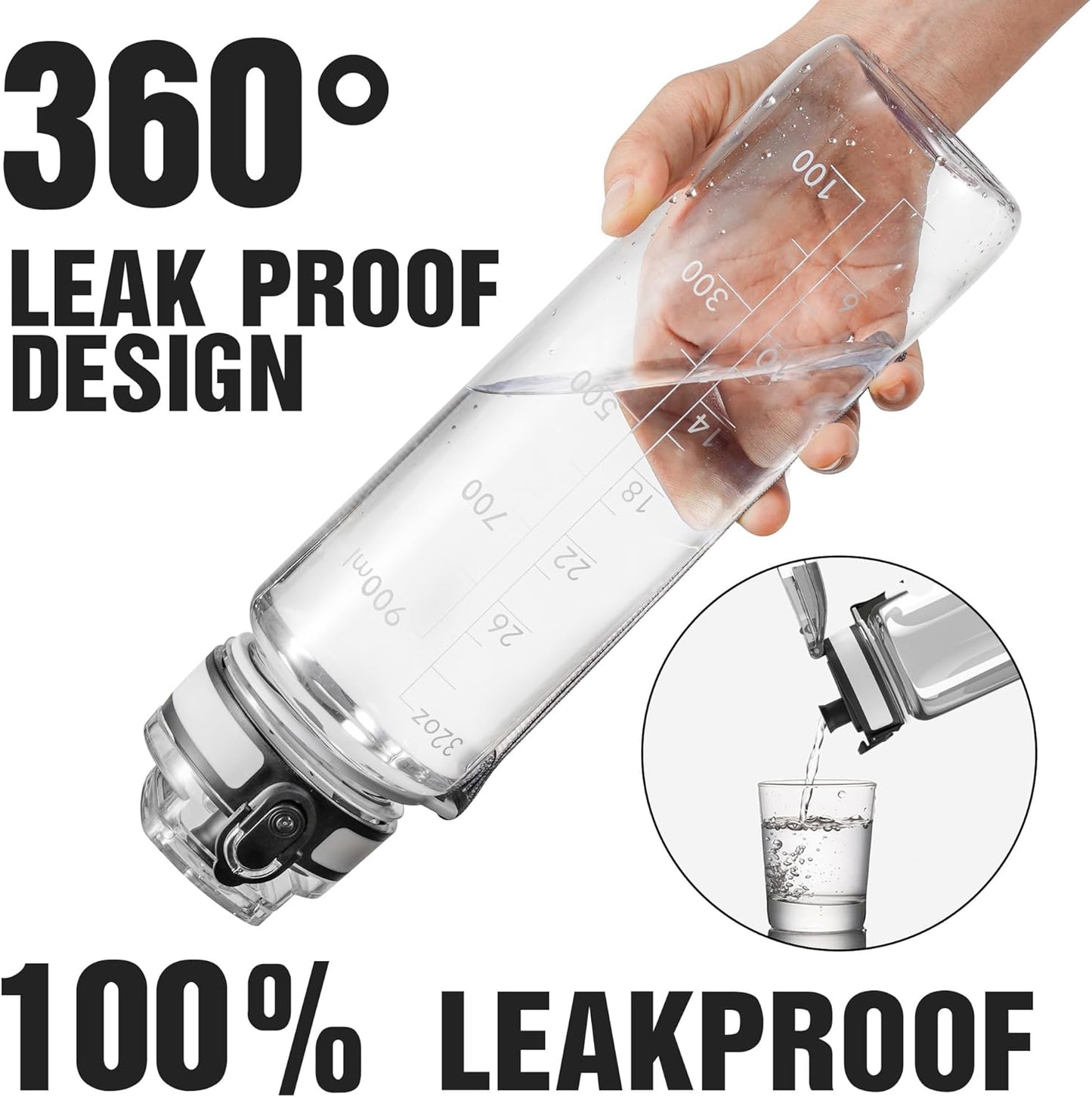 OLDLEY 32oz Motivational Sports Water Bottle - Time Marker, BPA-Free, Leakproof, Clear Design