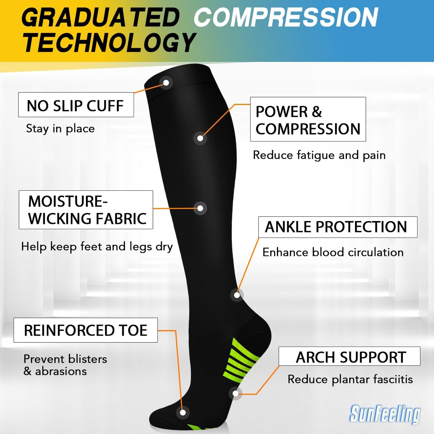 SunFeeling Compression Socks - 6 Pairs for Men & Women | Enhanced Circulation Support for Athletes