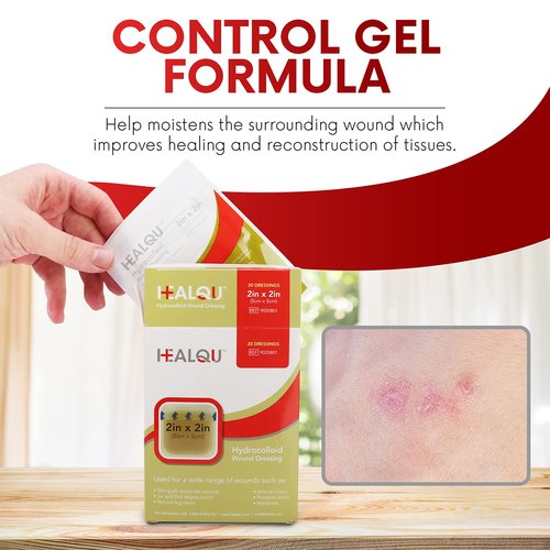 Healqu Hydrocolloid Wound Dressing - 2x2" Thin - Box of 20 Large Bandages - Sterilized Bordered Hydrocolloid Patches for Bed Sores, Abrasions, and More - Waterproof and Absorbent with Protective