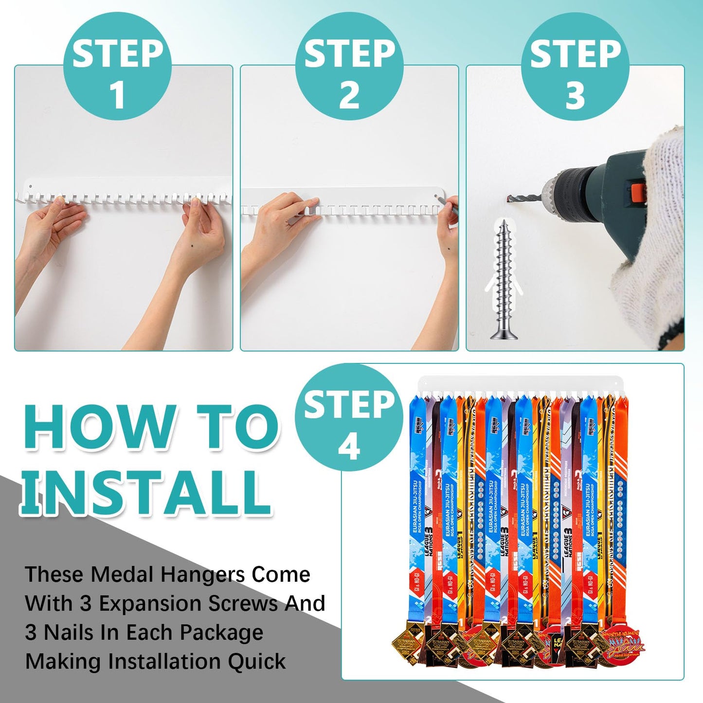 Geetery 4 4 Pack Medal Hanger Display with 20 Hooks Each, Sturdy Steel Wall Mount Medal Holder Rack Holds 60+ Awards for Gymnastics Marathon Sport Runner Soccer Wrestle Swim, Easy to Install (White)