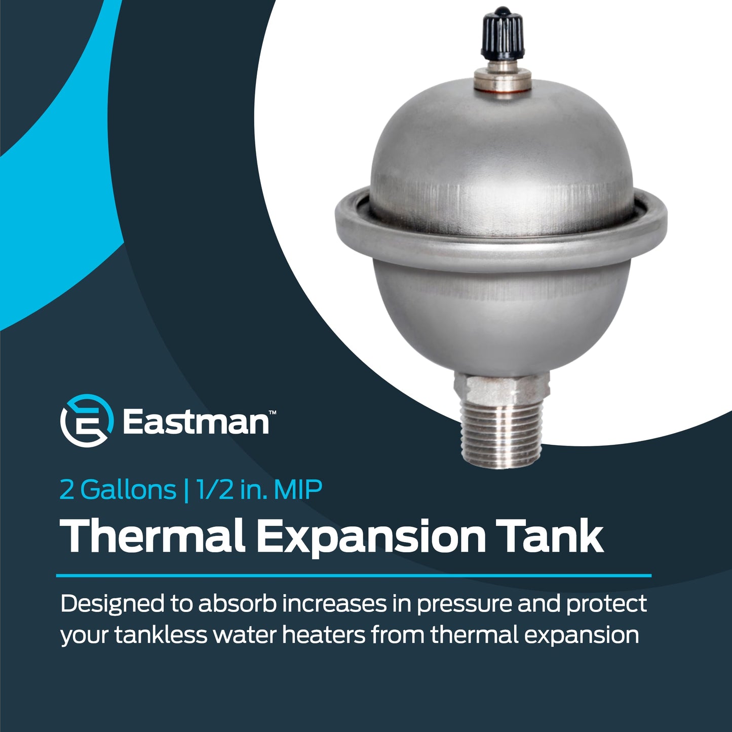 Eastman 2-Gallon Mini Thermal Expansion Tank, Stainless Steel Hammer Arrestor with 1/2 Inch Threaded Connection, 60008