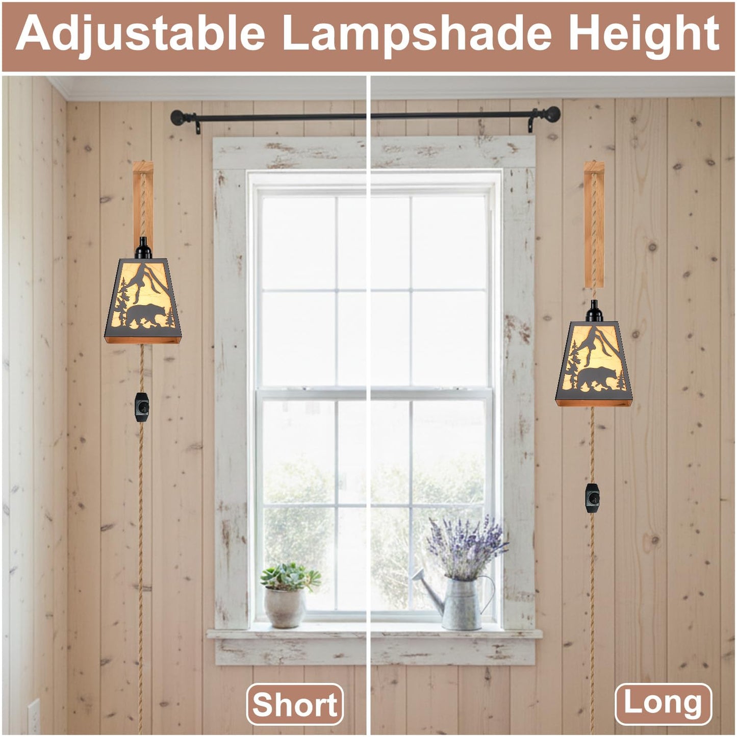 Sunnyin Wall Sconces Set of Two Plug in,Rustic Bear Dimmable Wall Sconce with Wood Shelf Bracket,Farmhouse Parchment Shade Sconces Wall Lighting,Antique Black Wall Lamps for Bedroom,Living Room,Indoor
