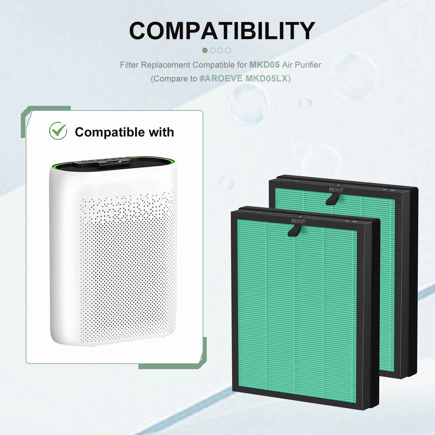 MKD05 Air Filter Replacement Compatible with AROEVE MKD05 Air Purifier, 4-in-1 High-Efficiency HEPA Filter, True HEPA Filter with Activated Carbon Filter, 2 Pack (MKD05-Green-Pet-2Pack)