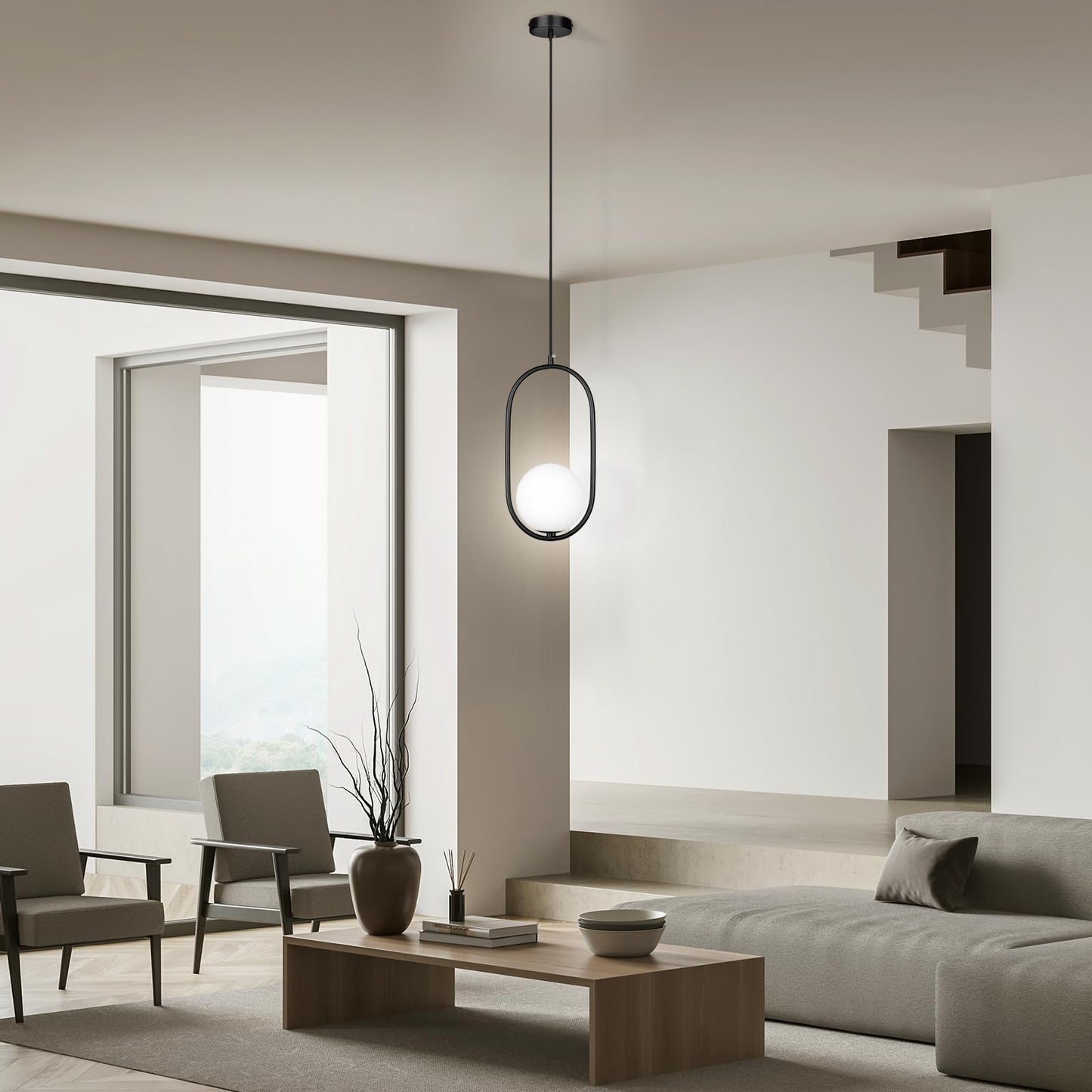 lobolighting Modern Pendant Lighting, 2 Pack Black Pendant Light Fixtures Adjustable Height Mid Century Chandelier, Frosted Glass Globe Single Hanging Light for Kitchen Island Dining Room Bedroom