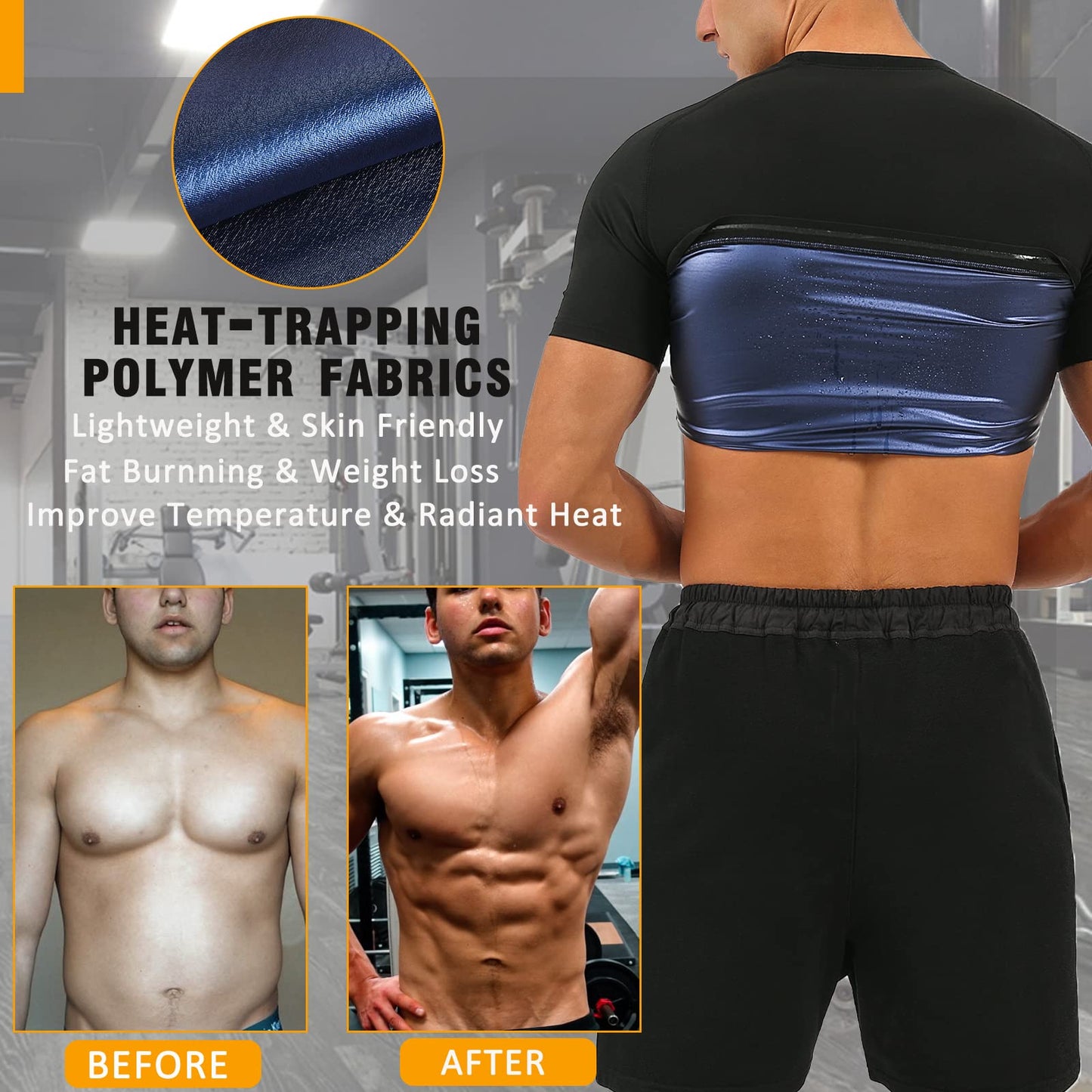 BXVX Sauna Shirt for Men Sweat Suit Short Sleeve Compression Weight Loss Body Shaper T-Shirt for Workout Exercise
