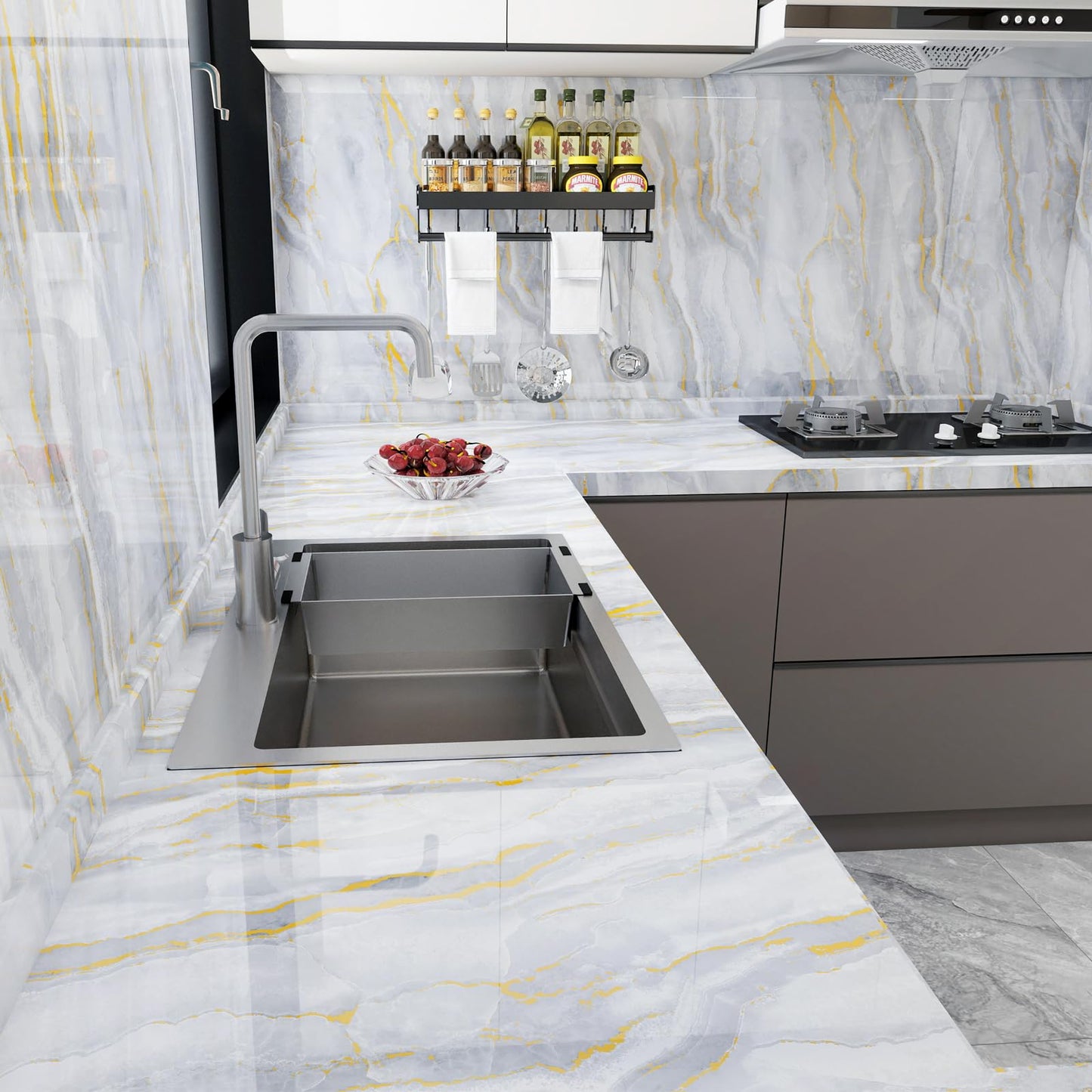 SOON AFTER Gold Marble Contact Paper Glossy Thick Peel and Stick Wallpaper Waterproof Self Adhesive Removable Wall Paper for Countertop Furniture Kitchen Bathroom. Modern Gold and White 15.7"x78.7"
