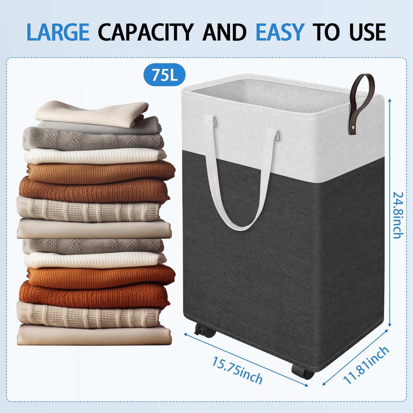 HomeHacks 75L Waterproof Rolling Laundry Hamper - Collapsible Clothes Basket with 4 Wheels for Bathroom, Laundry Room & Dorm, Easy-Clean PEVA Lining, Space-Saving Design(Gray)