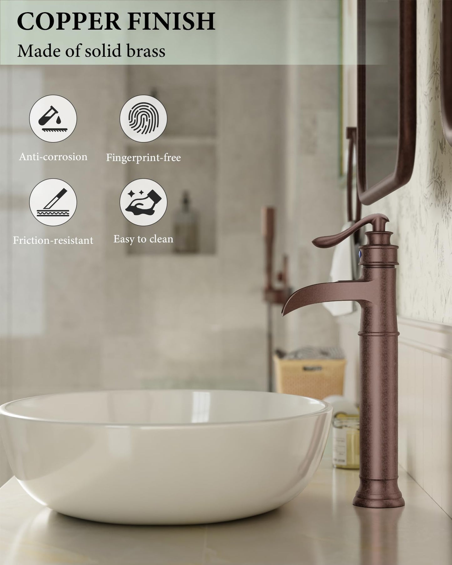 Vessel Sink Faucet Copper Tall Bathroom Faucets Waterfall Single Handle 1 Hole Farmhouse Antique with Pop up Drain Assembly and Supply Lines Mixer Tap Without Overflow Counter Top