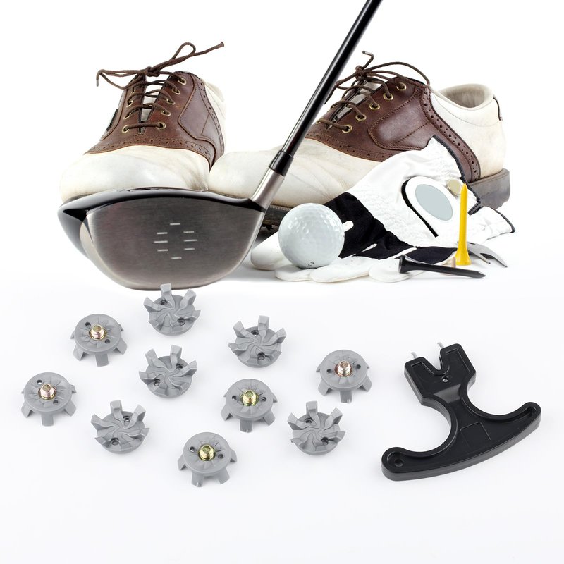 51PCS Golf Shoe Spikes Set, 50 Golf Shoe Cleats with 1 Black Spanner, 6 mm Metal Thread Screw, for Use on Lawns or Course(Grey)